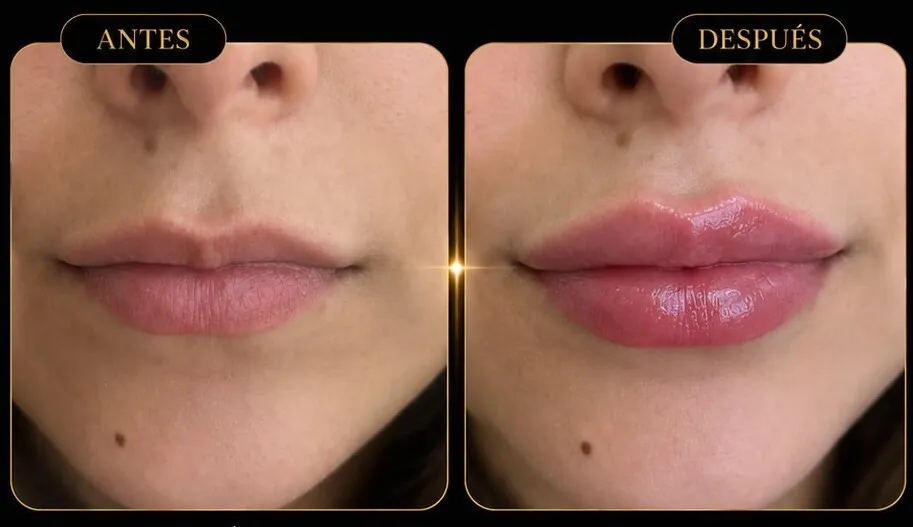 Caso individual de labios: los labios de una paciente antes y después.