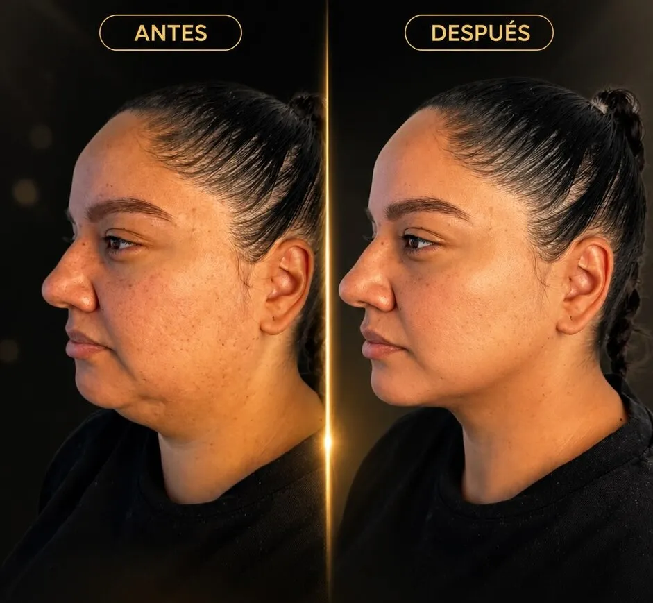 Caso individual de Lipopapada HD: perfil izquierdo de una paciente antes y después.